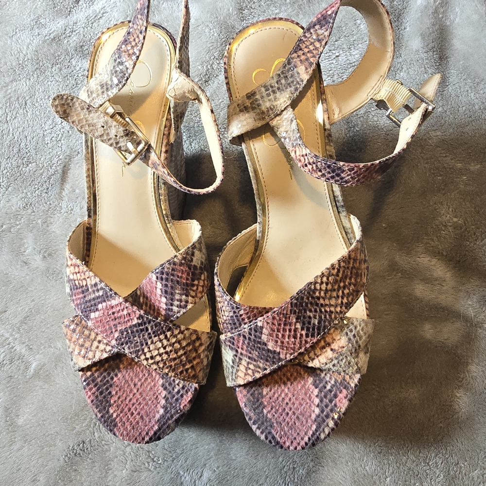 Jessica Simpson Pink and Brown Stiletto Sandals with Glittery Finish